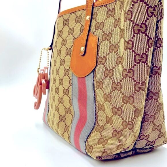 Auth Gucci Beige Brown GG Canvas Jolicouer Tote Bag Tan Patent Trim Sherry Line - Picture 3 of 16
